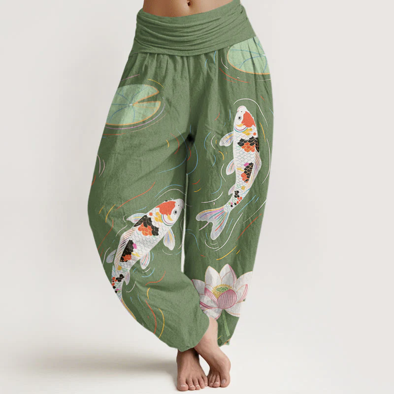 Buddha Stones Lotus Flower Lotus Leaves Koi Fish Water Ripples Pattern Women's Elastic Waist Harem Pants