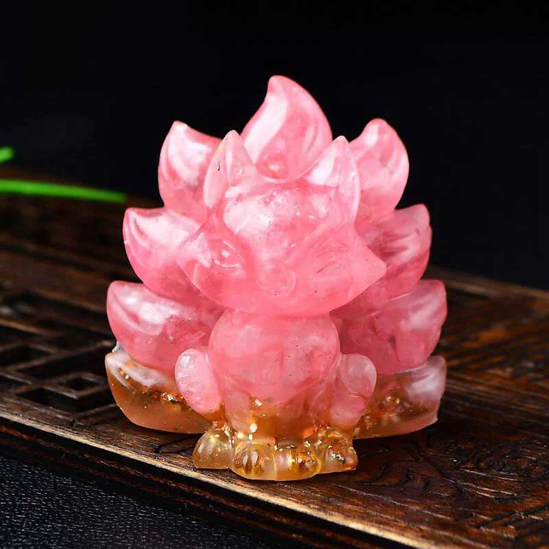 Buddha Stones Natural Various Crystal Strawberry Quartz Amethyst Nine Tailed Fox Protection Home Decoration