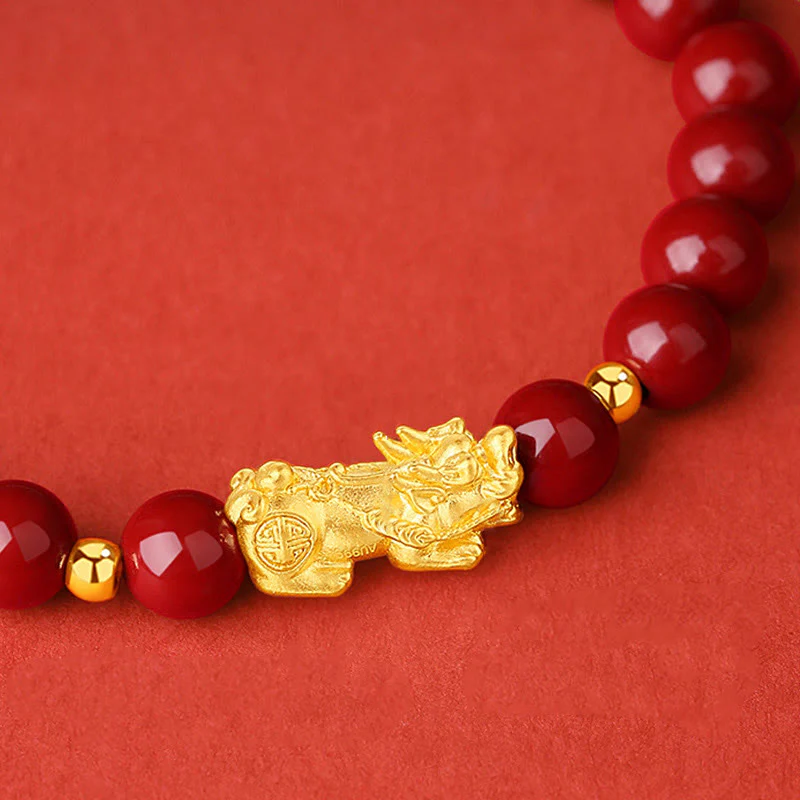 Buddha Stones 999 Gold 5D Hard Gold Cinnabar PiXiu Calm Bracelet
