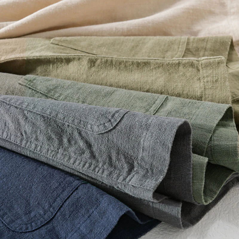 Buddha Stones Commute Men's Plain Buttons Design Cotton Linen Long Sleeve Shirt With Pockets