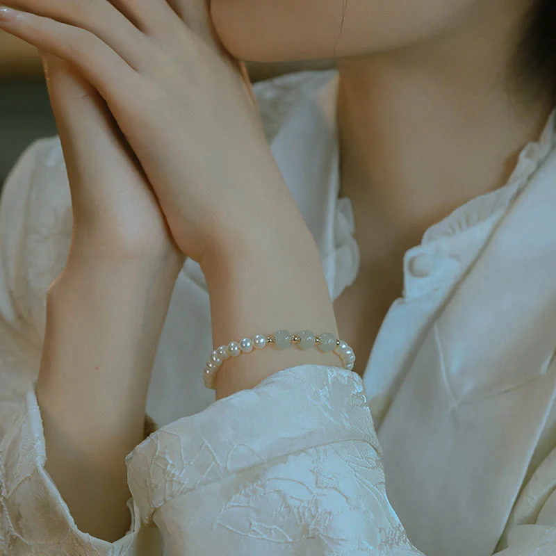 Buddha Stones 14K Gold Plated Natural Pearl Hetian Cyan Jade White Jade Sincerity Bead Chain Bracelet