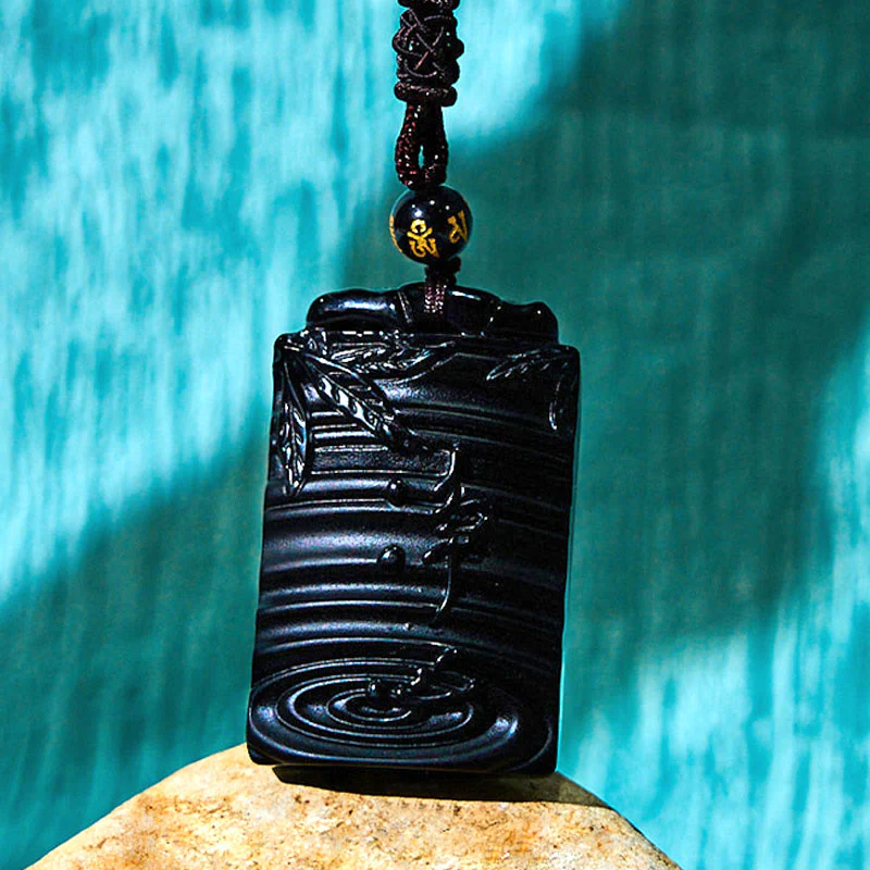 Buddha Stones Natural Black Obsidian Bamboo Fulfillment Necklace Pendant