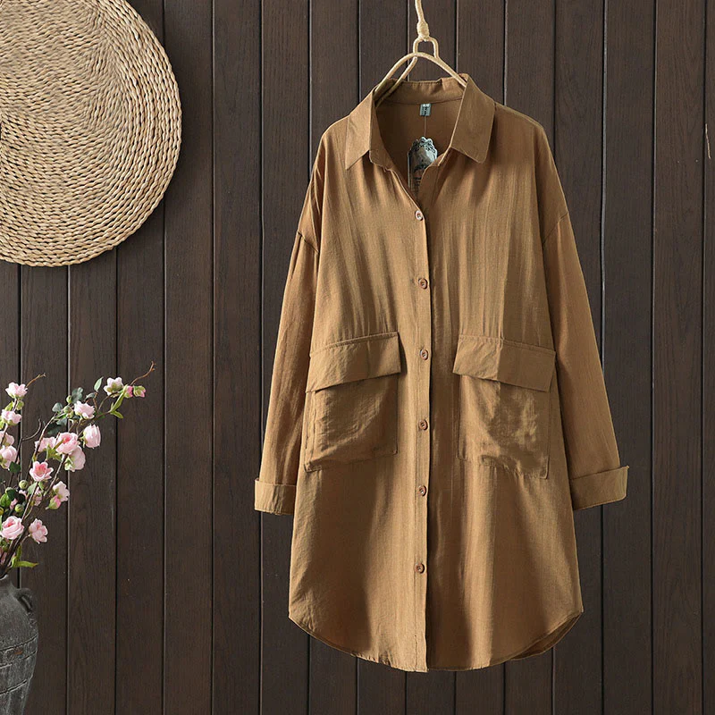 Buddha Stones Plain Buttons Women's Cotton Coat With Pockets