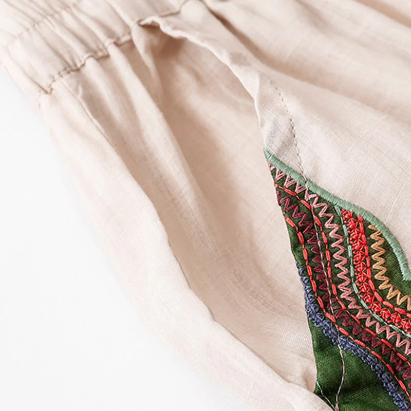 Buddha Stones Summer Embroidery Double Layer Cotton Linen Women's Wide Leg Pants With Pockets