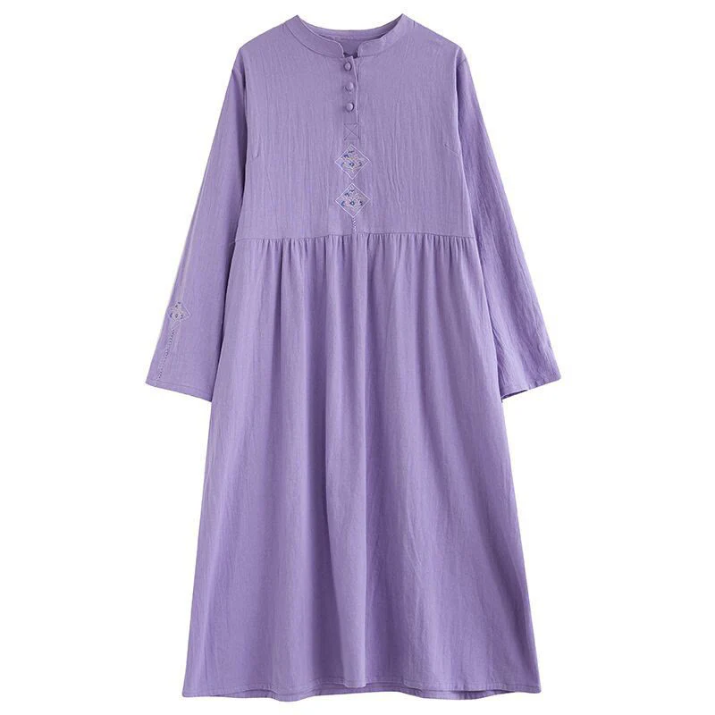 Buddha Stones Fall Ethnic Embroidery Cotton Linen Midi Dress With Pockets