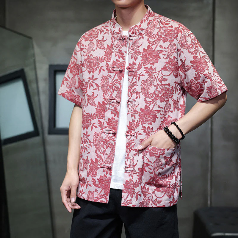 Buddha Stones Casual Jacquard Paisley Flower Plant Pattern Frog-Button Design Men's Cotton Shirt Cardigan With Pockets