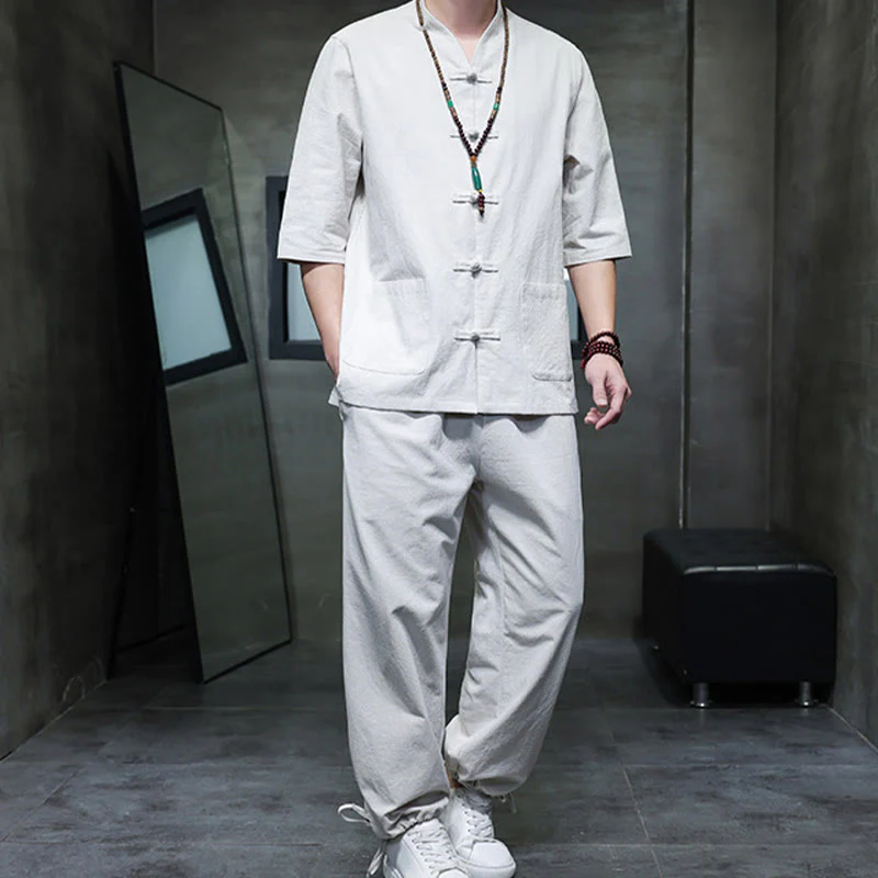 Buddha Stones 2Pcs Tang Suit Frog-Button Design Shirt Pants With Pockets Men's Cotton Linen Meditation Cloth Set