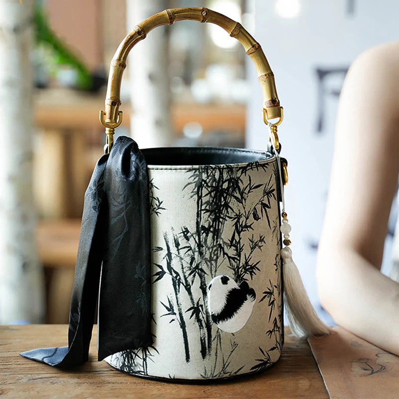 Buddha Stones Panda Bamboo Magpie Embroidery Crossbody Bag Hangbags