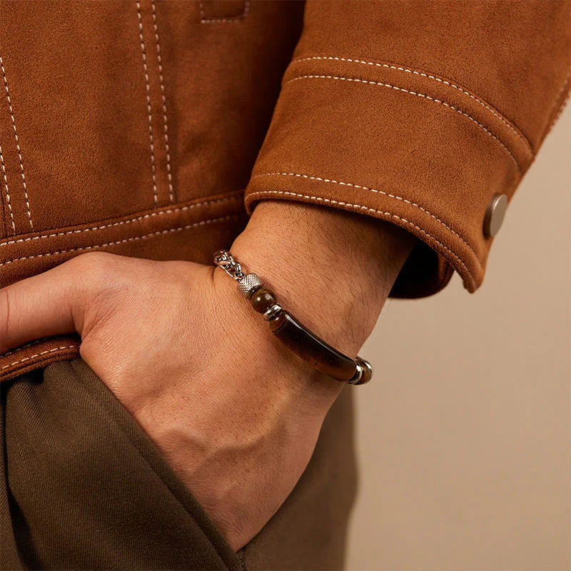 Buddha Stones Tiger Eye Black Obsidian Stone Titanium Steel Strength Buckle Bracelet