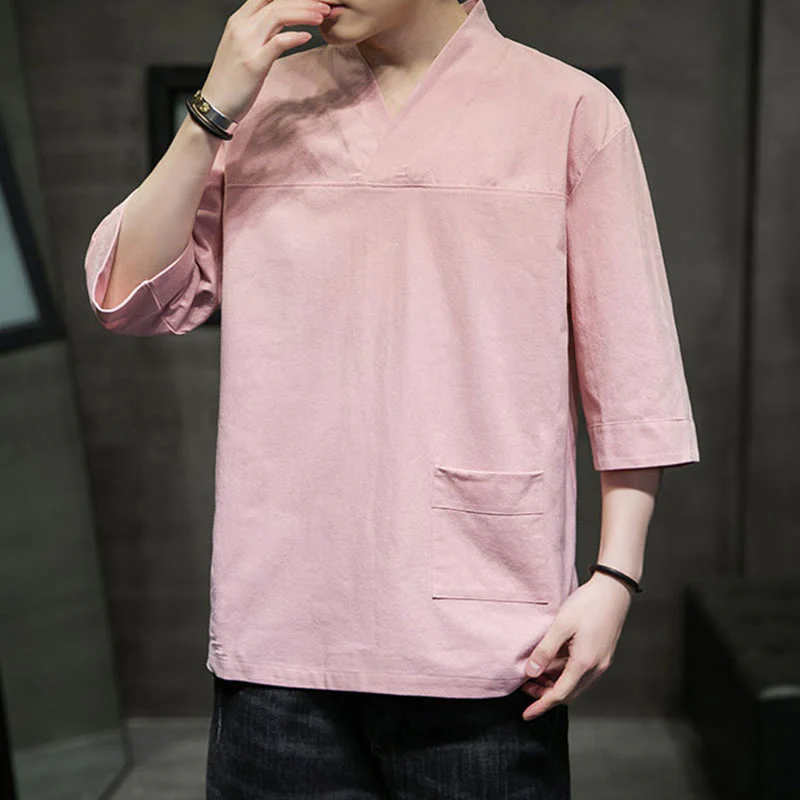 Buddha Stones Summer Casual Simple V-Neck Design Men's Cotton Linen Three Quarter Sleeve T-Shirt With Front Pocket