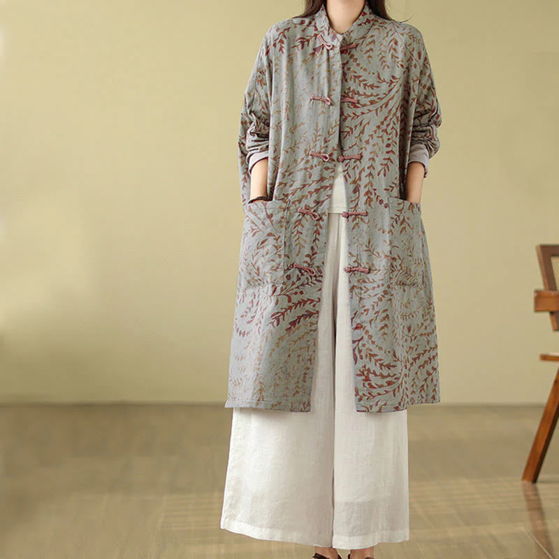 Buddha Stones Frog-button Vine Leaves Women's Cotton Linen Coat With Pockets