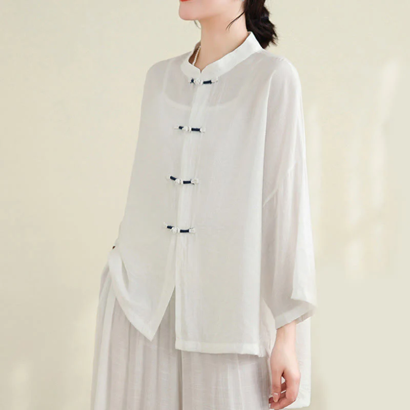 Buddha Stones 2pcs Casual Women's Frog Button Shirt Loose Pants Meditation Clothing Set