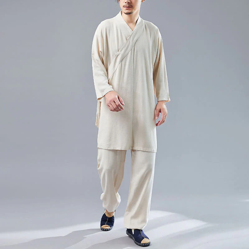 Buddha Stones 2Pcs V-Neck Men's Long Sleeve Shirt Top Pants Meditation Zen Tai Chi Cotton Linen Clothing Set