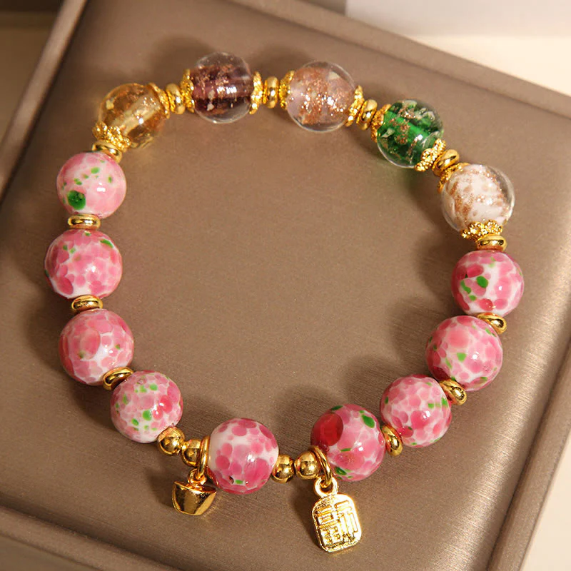 Buddha Stones Fu Character Pink Liuli Luck Bracelet