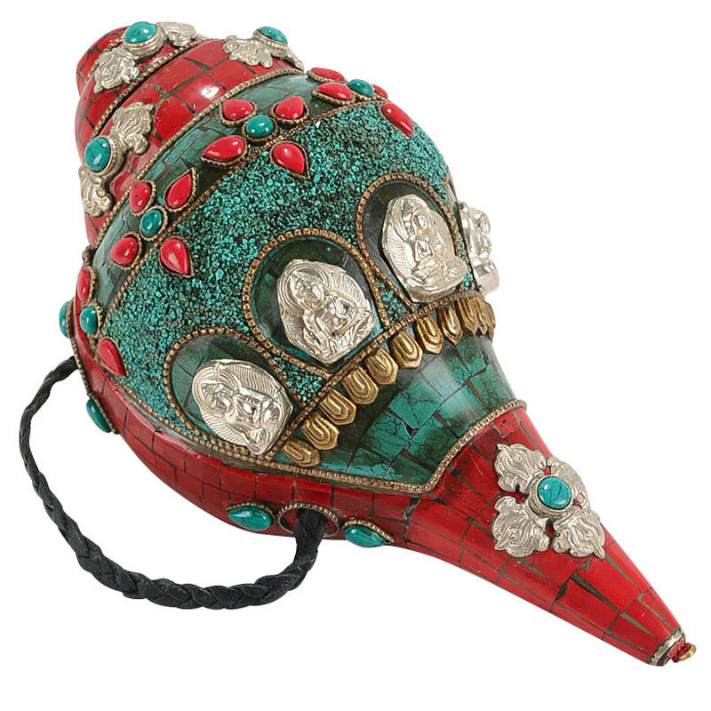 Buddha Stones Tibetan Handmade Shankha Om Mani Padme Hum Buddha Avalokitesvara Turquoise Conch Shell Positive Decoration