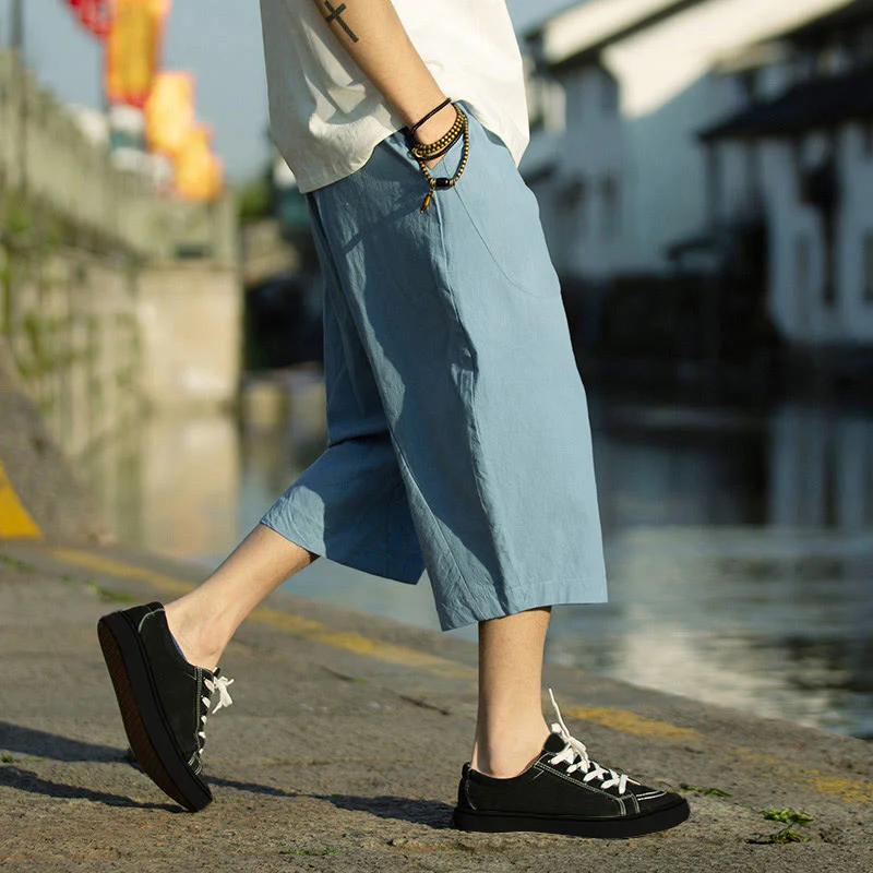 Buddha Stones Summer Plain Pleat Design Drawstring Men's 7-8 Length Cotton Linen Pants With Pockets