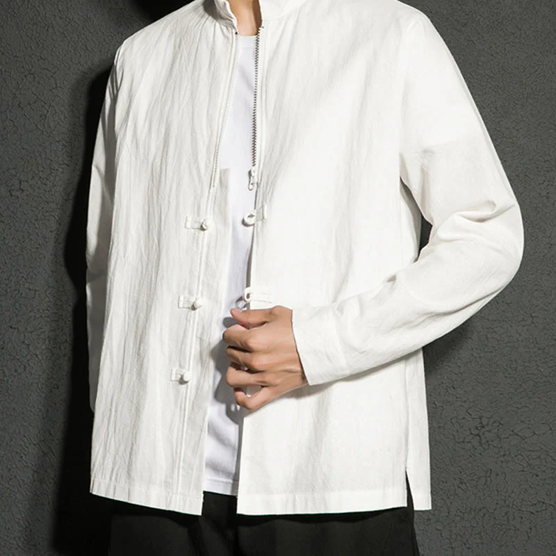 Buddha Stones Plain Zipper Chinese Frog-Button Cotton Long Sleeve Men's Shirt