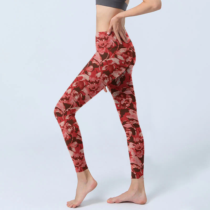 Buddha Stones Red Flowers Print Sports Fitness Leggings Women's Yoga Pants