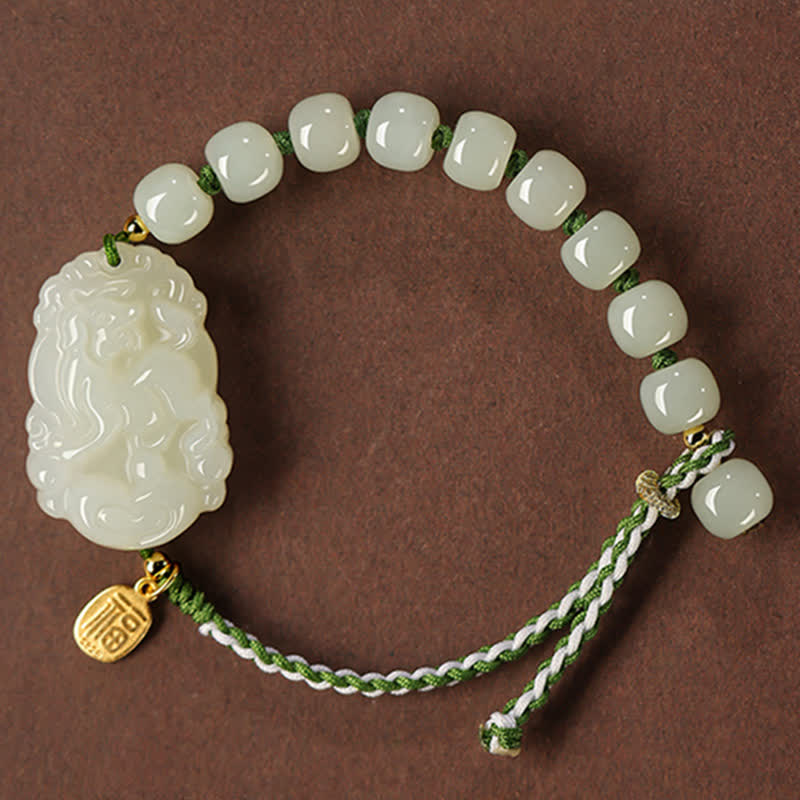 Buddha Stones 925 Sterling Silver Chinese Zodiac Hetian Jade Happiness Luck String Bracelet