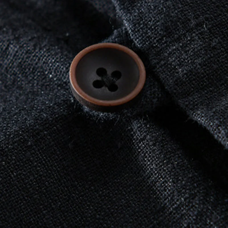 Buddha Stones Spring Daily Simple Buttons Design Stand Collar Men's Long Sleeve Cotton Linen Shirt With Pockets