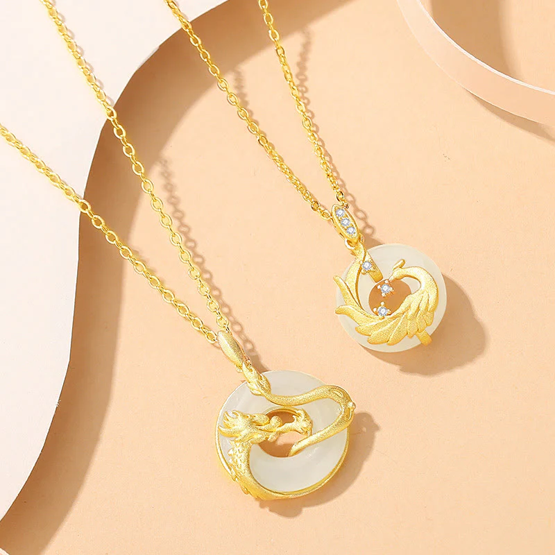 Buddha Stones 925 Sterling Silver Year of the Dragon Hetian Jade Golden Dragon Phoenix Peace Buckle Luck Necklace Pendant