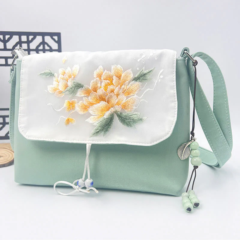 Buddha Stones Embroidered Camellia Epiphyllum Gardenia Sakura Flowers Crossbody Bag Shoulder Bag Cellphone Bag