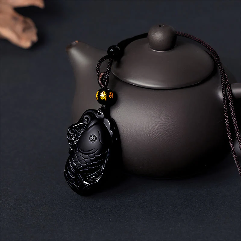 Buddha Stones Natural Black Obsidian Amphioxus Strength Necklace Pendant