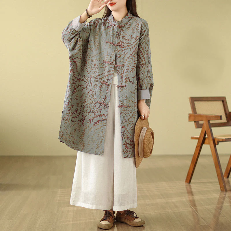 Buddha Stones Frog-button Vine Leaves Women's Cotton Linen Coat With Pockets
