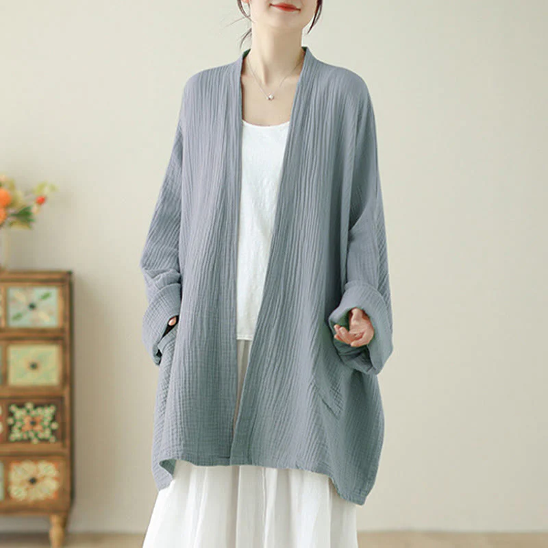 Buddha Stones Plain Long Sleeve Zen Meditation Cotton Linen Jacket With Pockets