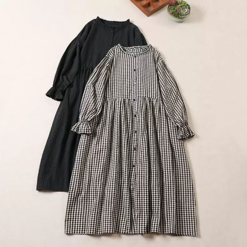 Buddha Stones Casual Plaid Simple Buttons Ruffled Design Cotton Linen Midi Dress With Pockets