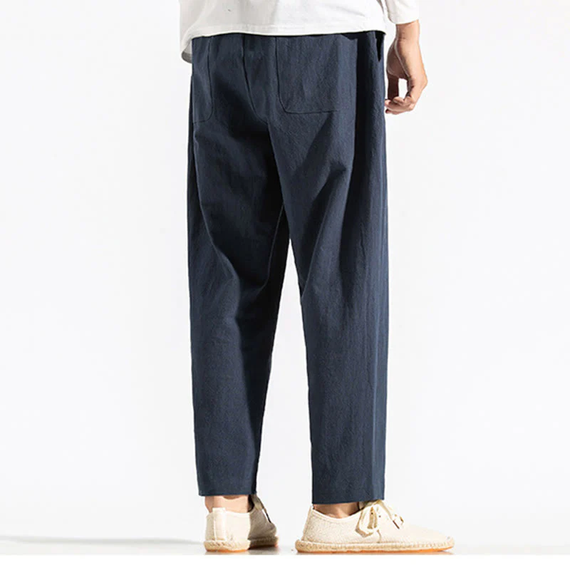 Buddha Stones Retro Casual Drawstring Design Men's Harem Cotton Plain Pants With Pockets