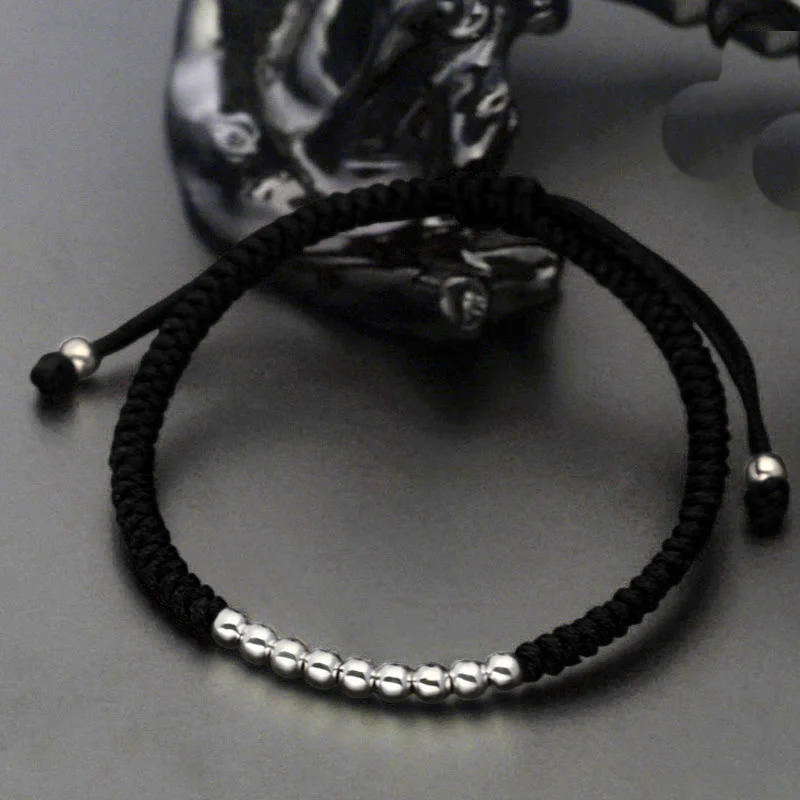 Buddha Stones Retro 925 Sterling Silver Simple Beads Knot Design Luck String Bracelet