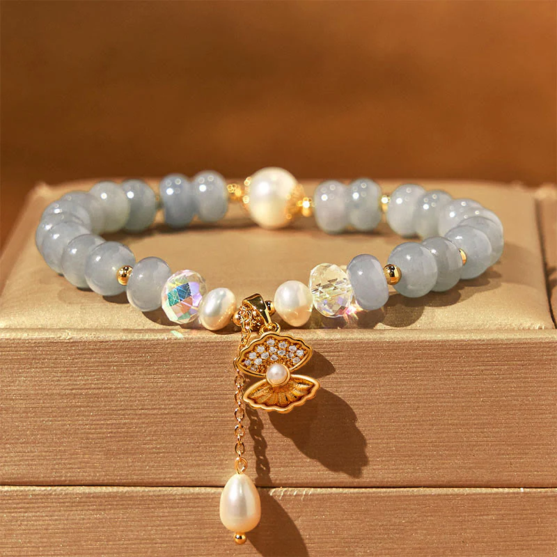 Buddha Stones Natural Aquamarine Pearl Shell Healing Bead Bracelet