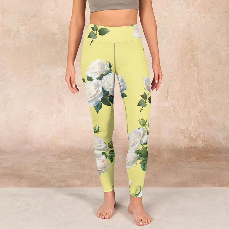Buddha Stones Yellow White Rose Print Sports Leggings Women's Yoga Pants