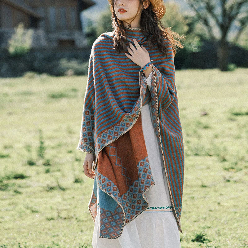 Buddha Stones Tibetan Shawl Striped Diamond Pattern Winter Warm Soft Scarf
