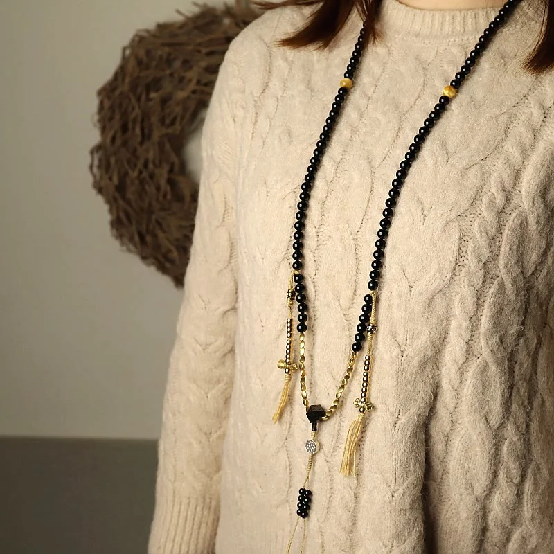 Buddha Stones Tibetan 108 Mala Beads Black Onyx Three-eyed Dzi Beads Protection Bracelet