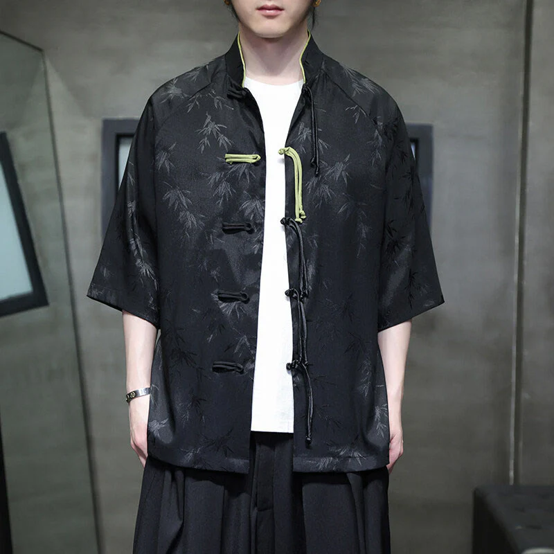 Buddha Stones Jacquard Bamboo Pattern Chinese Frog-Button Stand Collar Tang Suit Men's Cotton Shirt