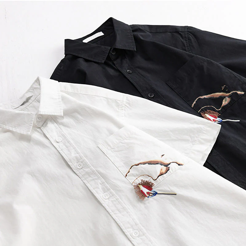 Buddha Stones Casual Embroidery Match Flame Pattern Lapel Men's Short Sleeve Cotton Shirt With Pocket