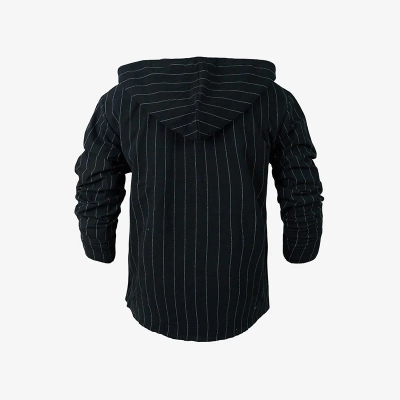 Buddha Stones Solid Long Sleeve Hooded Stripes Drawstring Buttons Linen Men's Shirt