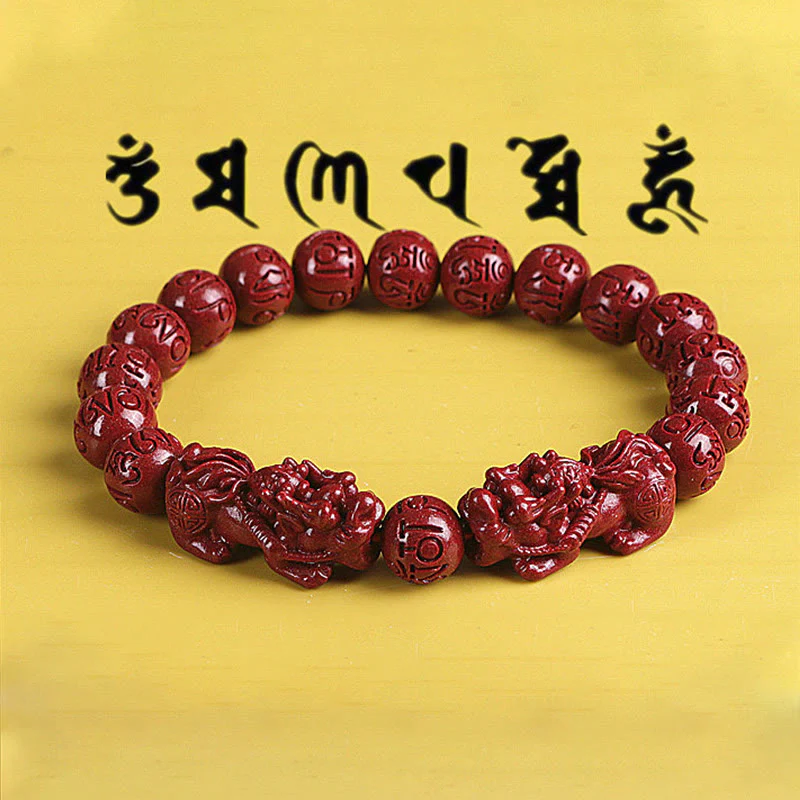 Buddha Stones Natural Double PiXiu Cinnabar Om Mani Padme Hum Wealth Luck Bead Bracelet