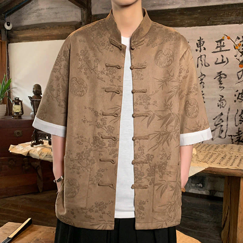 Buddha Stones Jacquard Bamboo Plum Bossom Pattern Chinese Frog-Button Design Men's Half Sleeve Cotton Shirt With Pockets