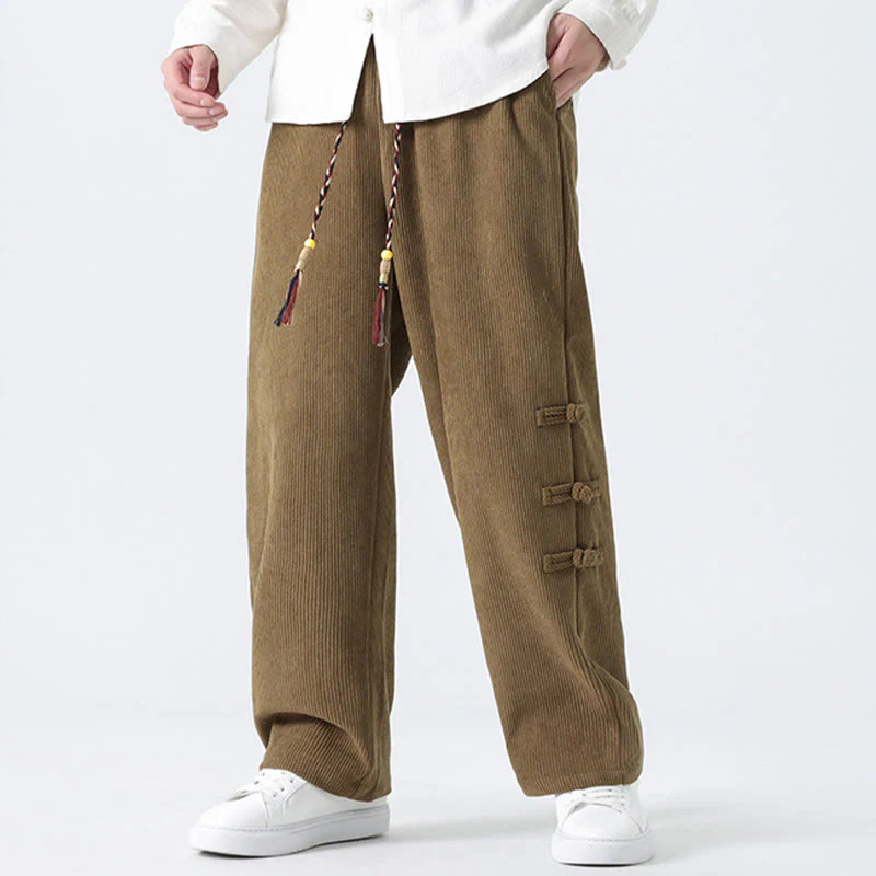 Buddha Stones Plain Chinese Frog-Button Design Drawstring Men's Corduroy Pants With Pockets