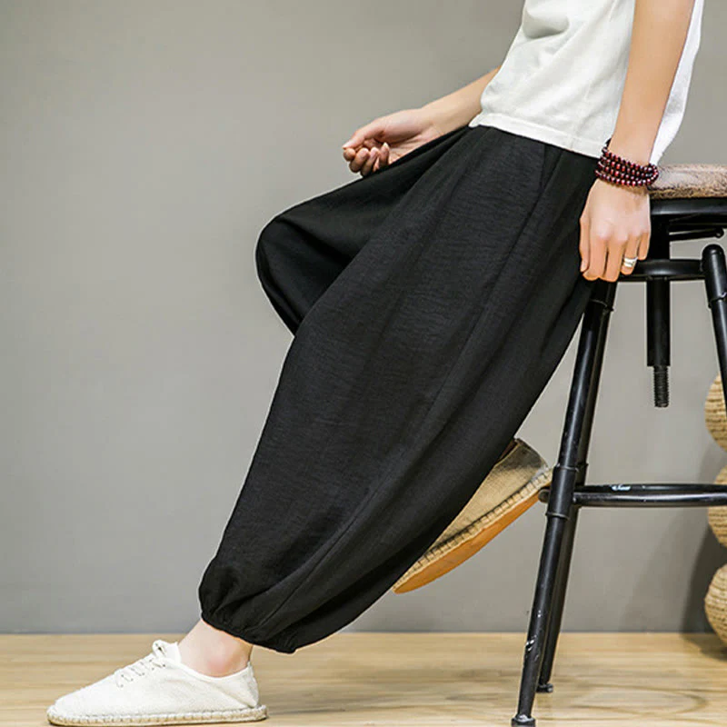 Buddha Stones Summer Plain Drawstring Men's Ankle-Length Cotton Harem Pants With Pockets