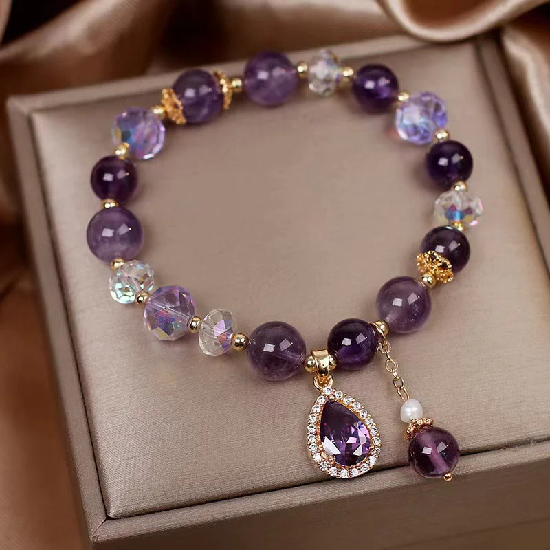 Buddha Stones Natural Amethyst Zircon Love Heart Healing Soul Charm Bracelet