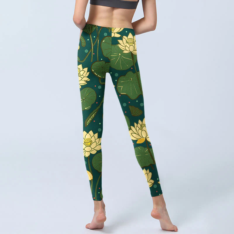 Buddha Stones Blooming Lotus Flower Lotus Leaves Pattern Print Gym Leggings Women's Yoga Pants