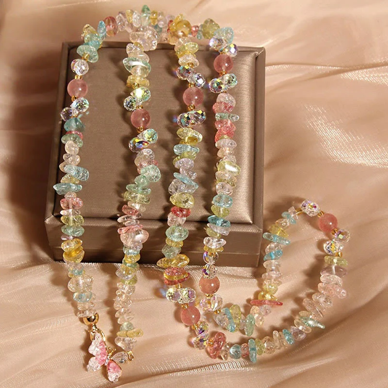 Buddha Stones Butterfly Flower Amethyst Strawberry Quartz Balance Necklace Pendant