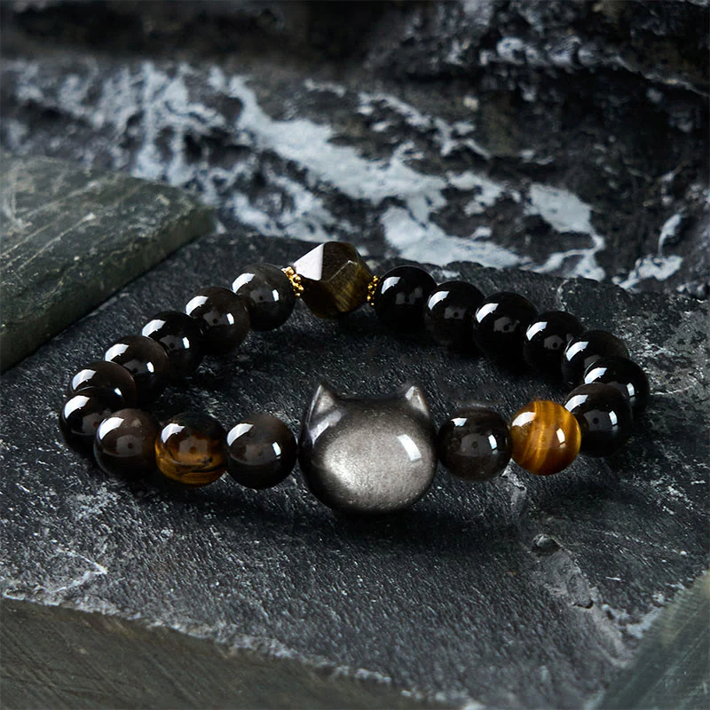 Buddha Stones Natural Silver Sheen Obsidian Beads Cute Cat Soothing Bracelet