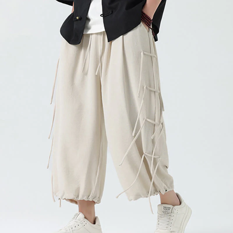 Buddha Stones Casual Loose Lanyard Design Waist Rope Men's 7-8 Length Spandex Pants With Pockets