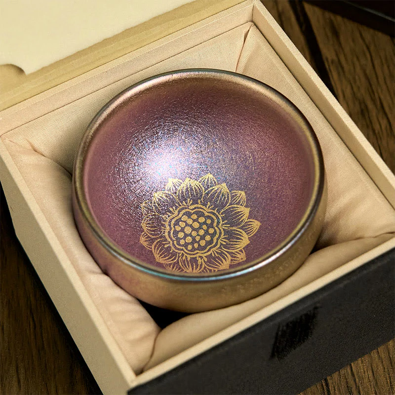 Buddha Stones Handmade Chinese Jianzhan Golden Lotus Flower Ceramic Teacup Kung Fu Tea Cup 150ml