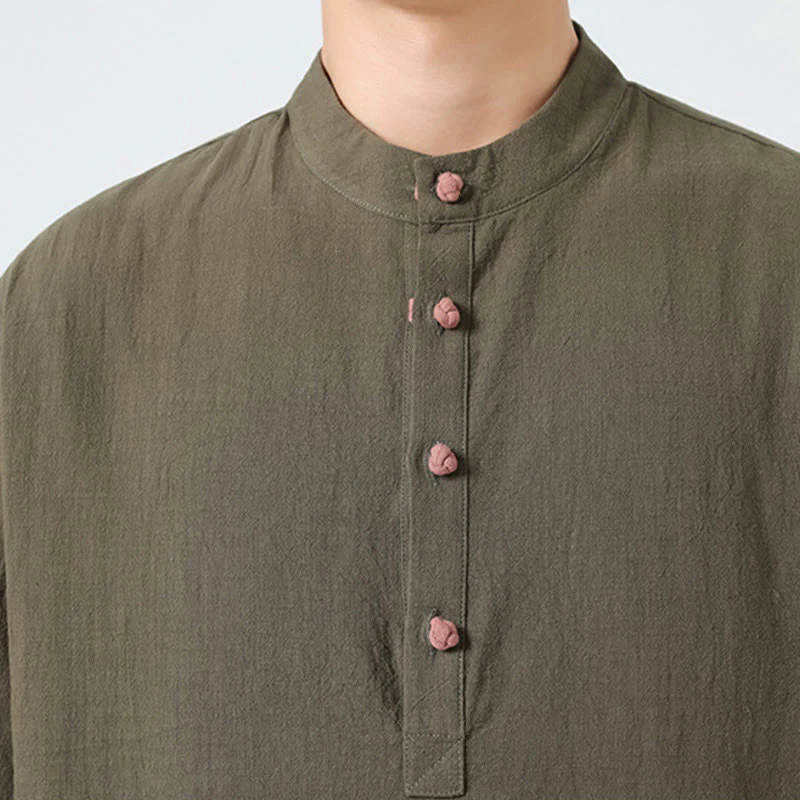 Buddha Stones Casual Half Frog-Button Design Stand Collar Tang Suit Men's Half Sleeve Cotton Shirt With Pocket